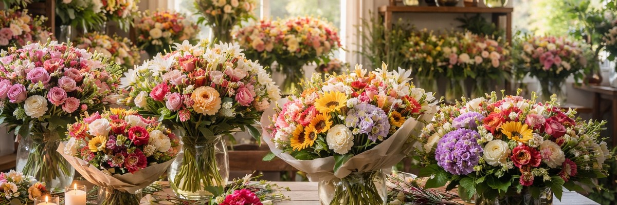 A bright floral display featuring fresh mixed bouquets arranged neatly in a welcoming flower shop.